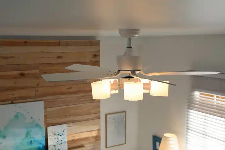 Modern ceiling fan with lamps in room