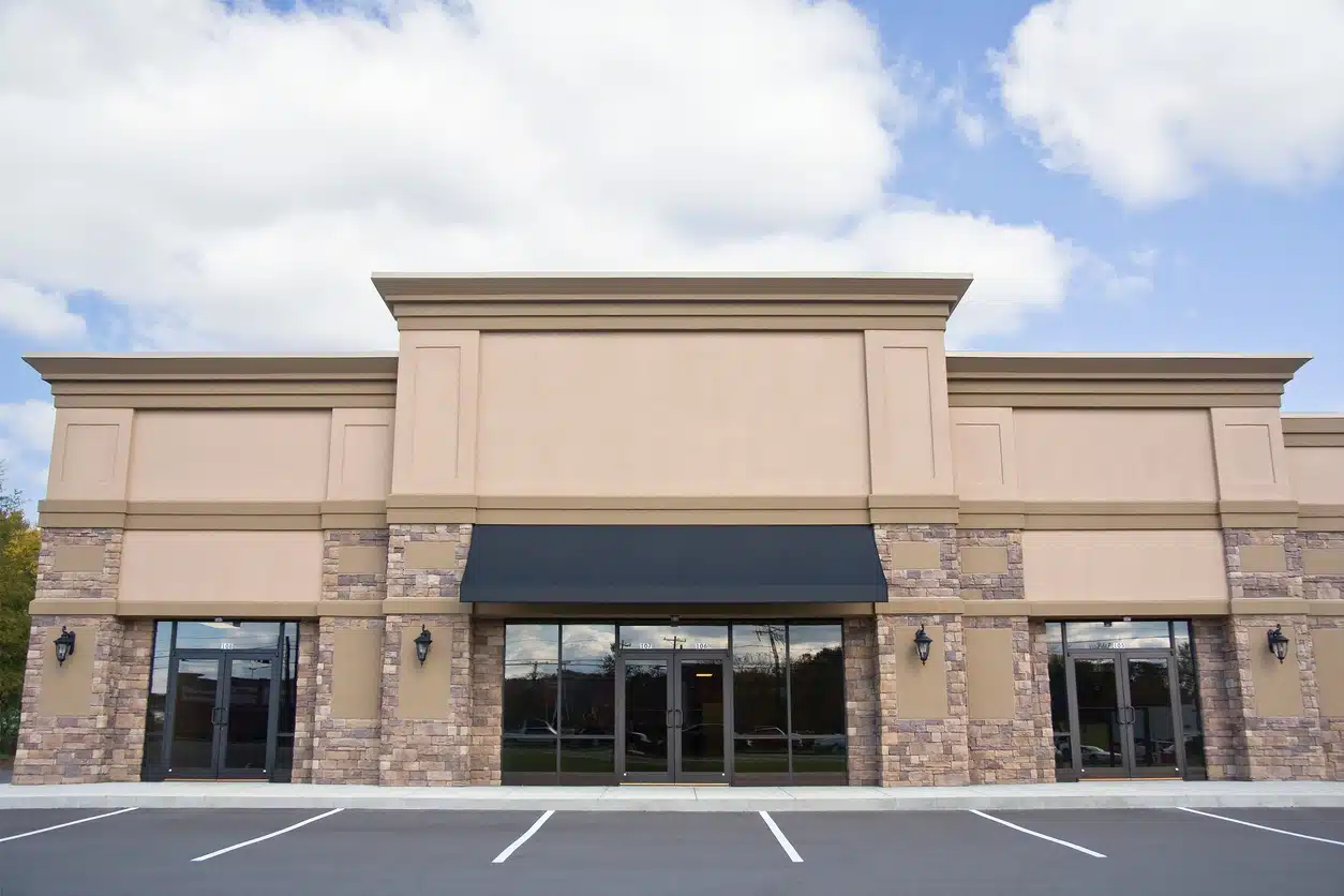 Front view of newly constructed retail storefront.